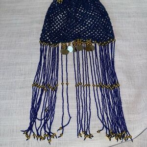 Navy and Gold Beaded Fringe Bellydance Head Vail with Gold Accents